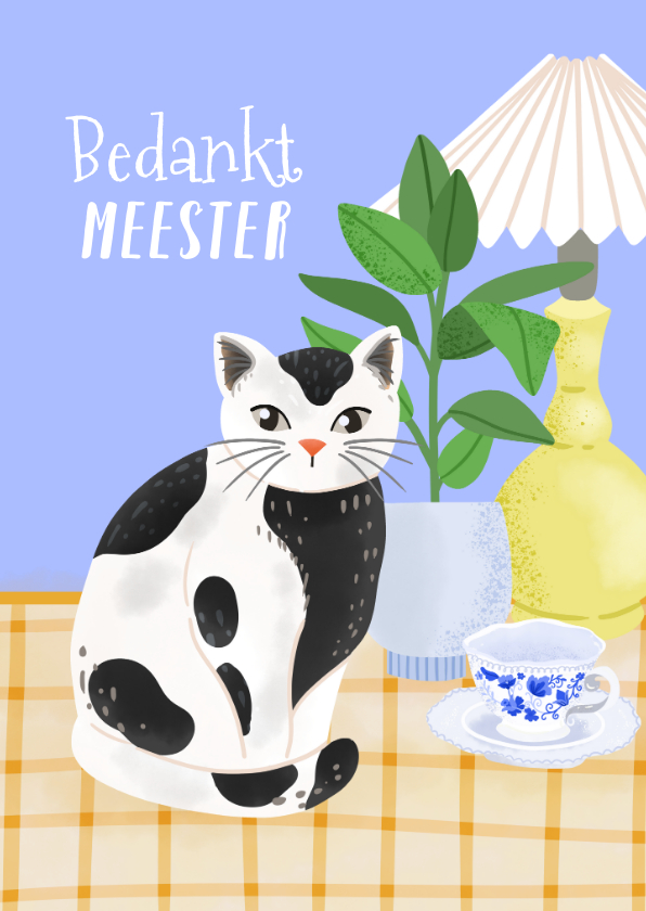 Bedankkaartjes - Bedank kaart met illustratie kat voor meester