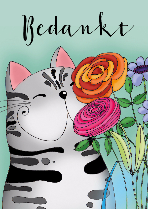 Bedankkaartjes - Bedankkaart kat met vaas bloemen