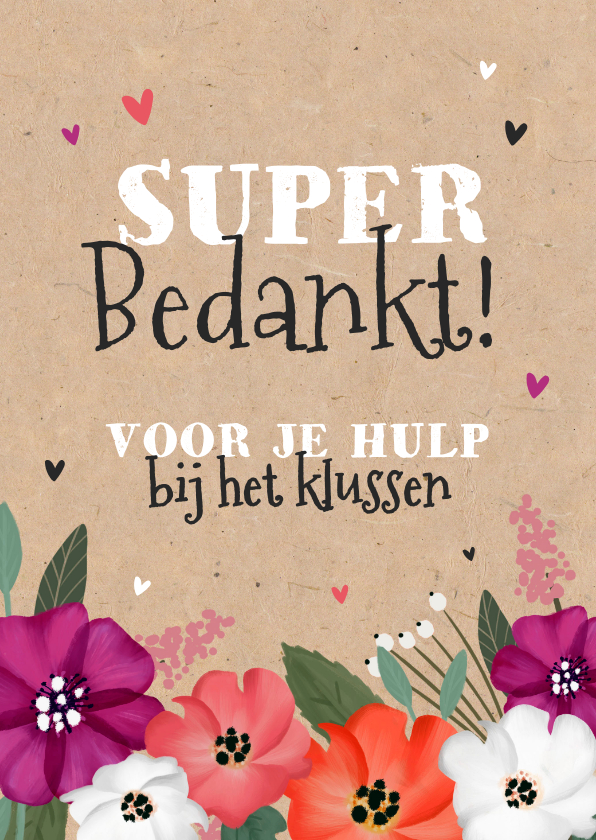 Bedankkaartjes - Bedankt voor het klussen bloemen hartjes kraftlook