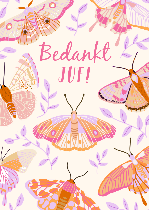 Bedankkaartjes - Stijlvolle bedankkaart vlinders voor juf