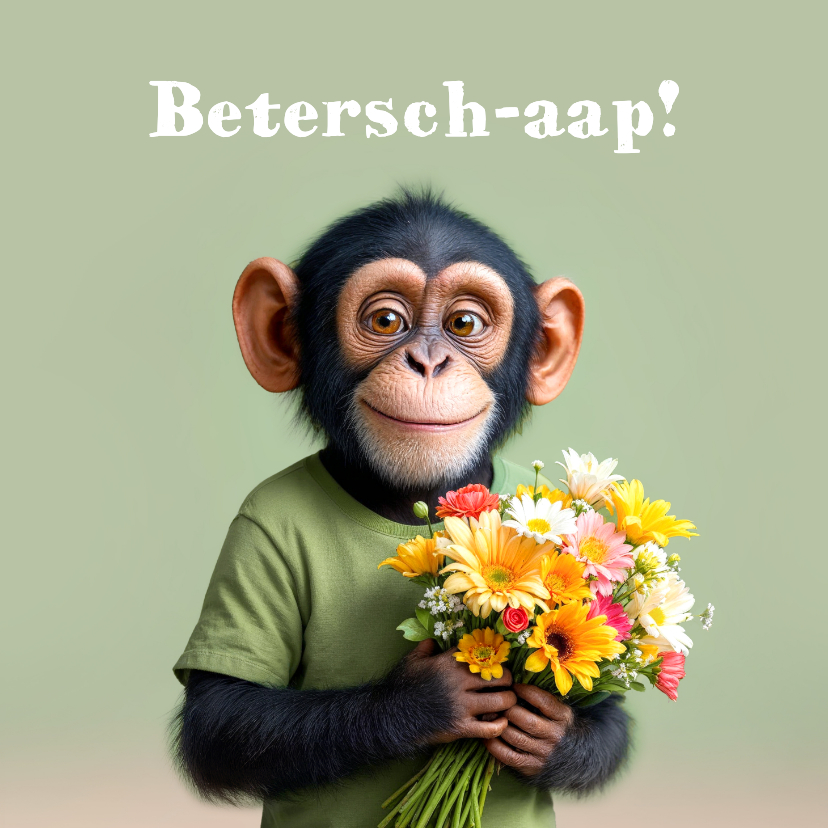 Beterschapskaarten - Beterschapskaart aap chimpansee bloemen beter humor