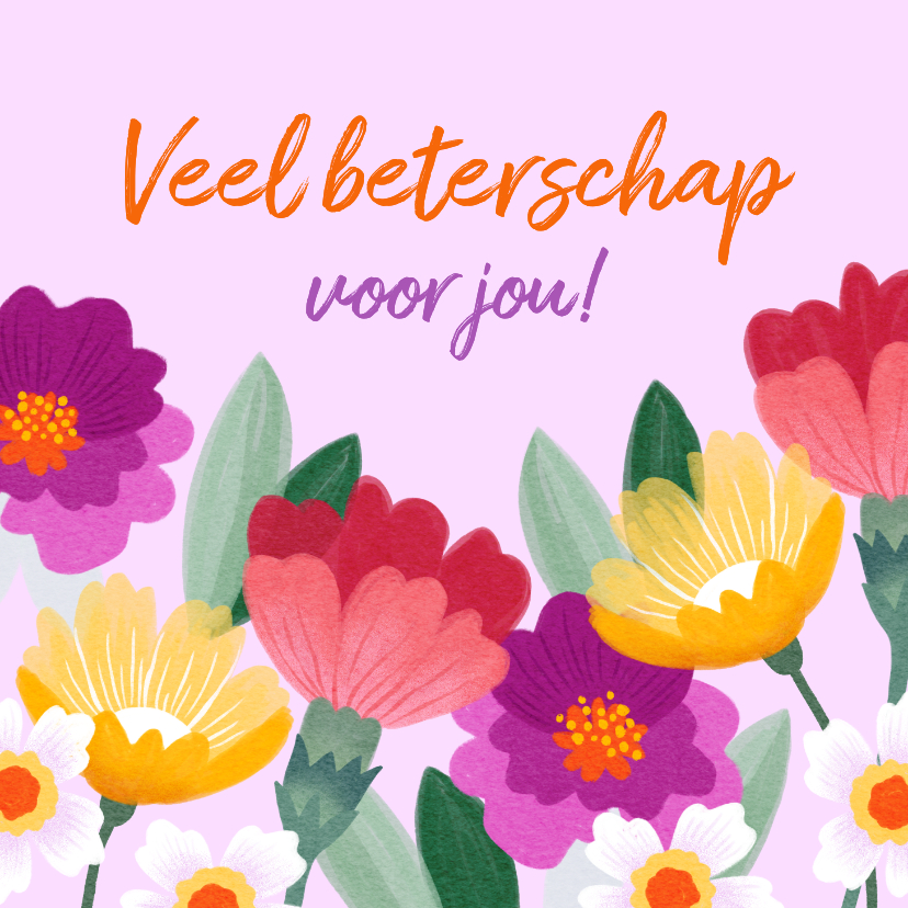 Beterschapskaarten - Beterschapskaart kleurrijke paarse rode gele bloemen