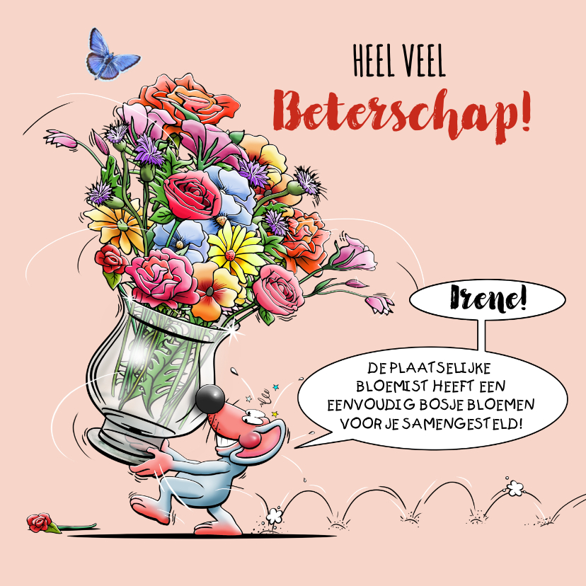 Beterschapskaarten - Beterschapskaart muisje met grote glazen vaas bloemen