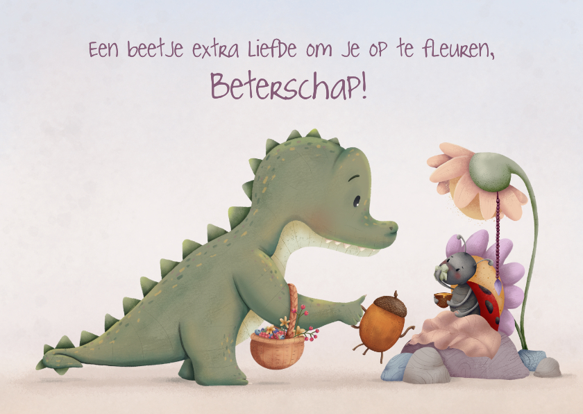 Beterschapskaarten - Beterschapskaart schattige krokodil en lieveheersbeestje