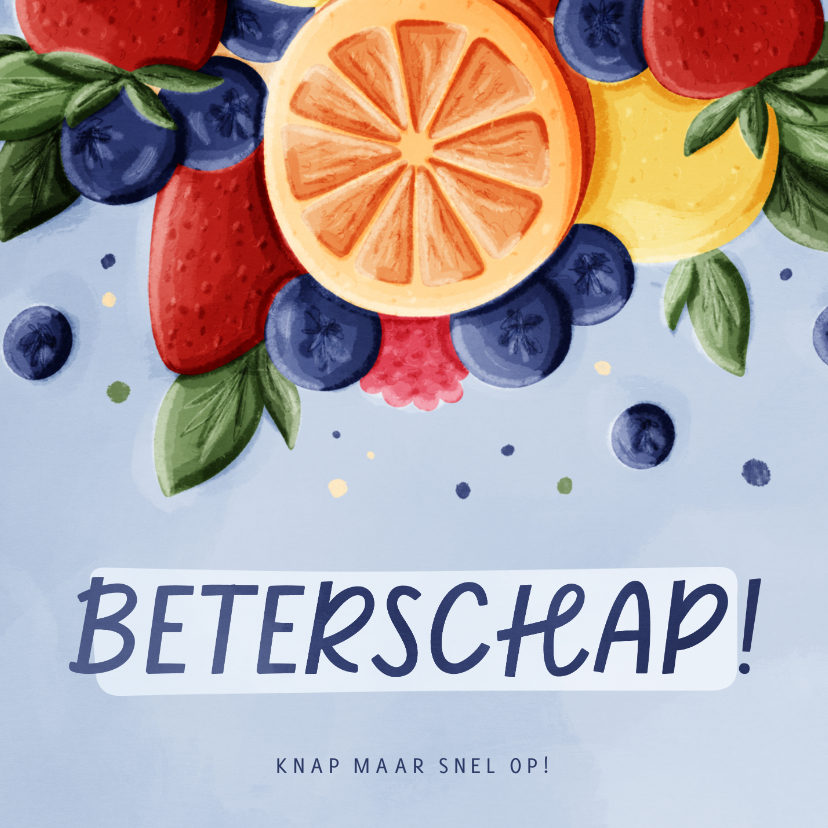 Beterschapskaarten - Blauwe beterschapskaart met verschillende soorten fruit