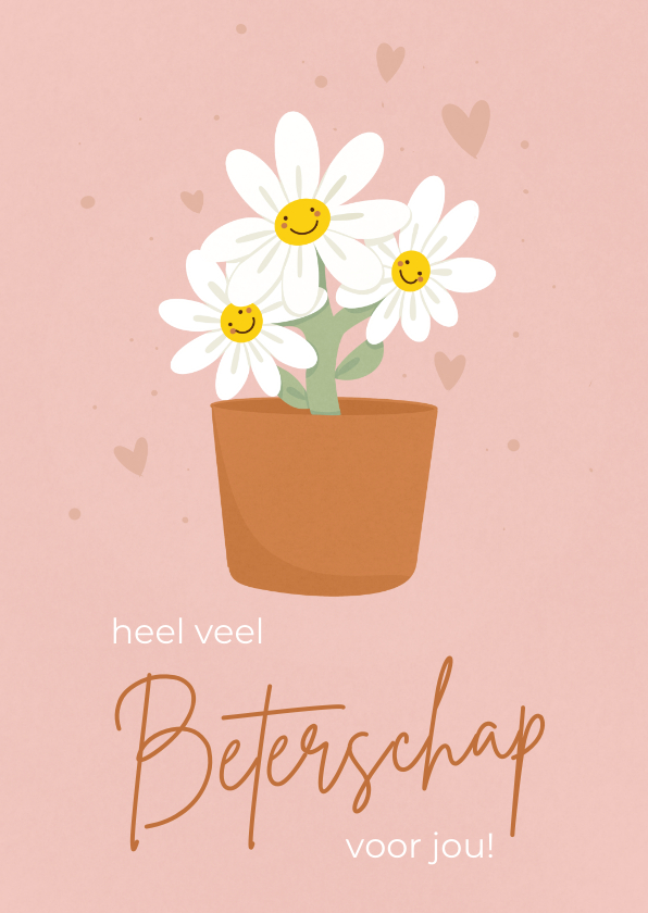 Beterschapskaarten - Vrolijk roze beterschapskaart met lachende bloemetjes