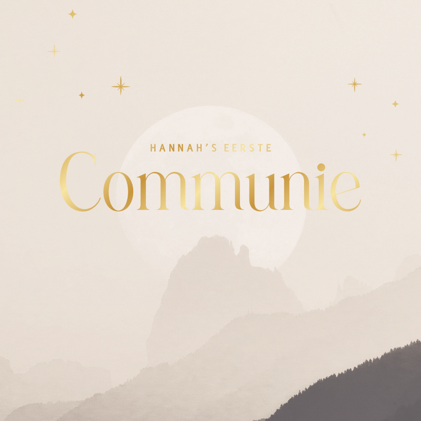 Communiekaarten - Bijzondere beige communie uitnodiging met maan en landschap