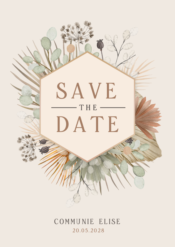 Communiekaarten - Communie Save the Date kaart met droogbloemen illustratie