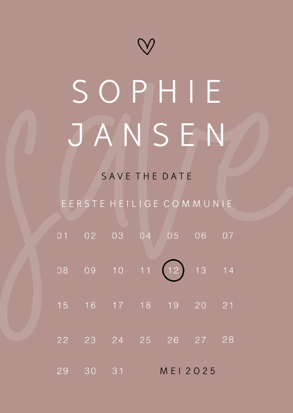Communiekaarten - Communie save the date minimalistisch met hartje kalender