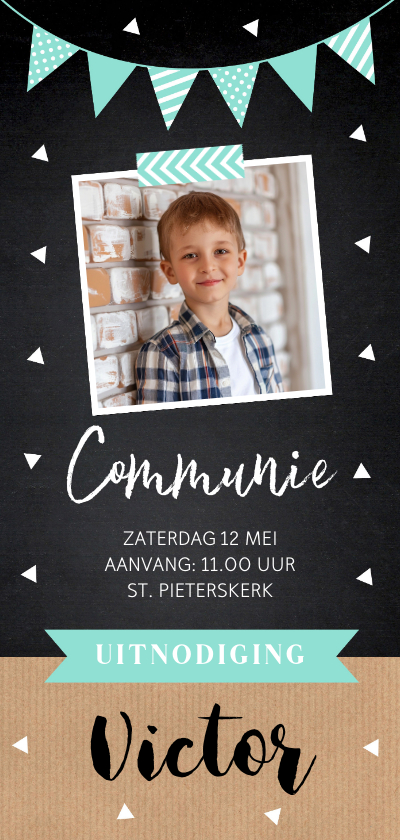 Communiekaarten - Communie uitnodiging jongen met foto langwerpig slinger