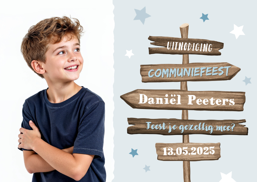 Communiekaarten - Communiefeest uitnodiging stoer wegwijzers hout foto sterren
