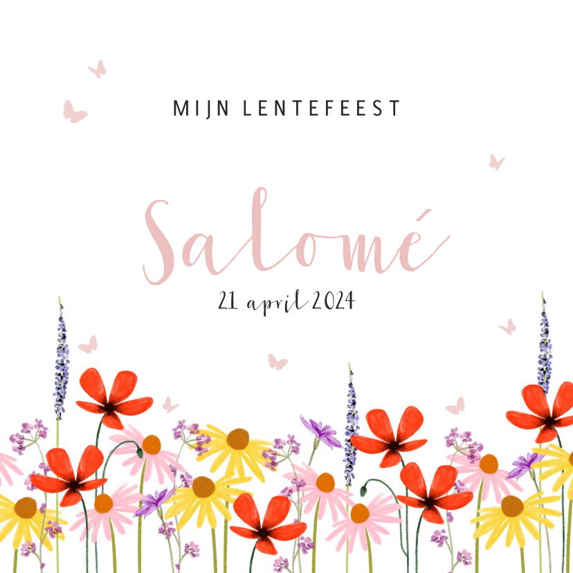 Communiekaarten - Lentefeest uitnodiging met veldbloemen en vlindertjes