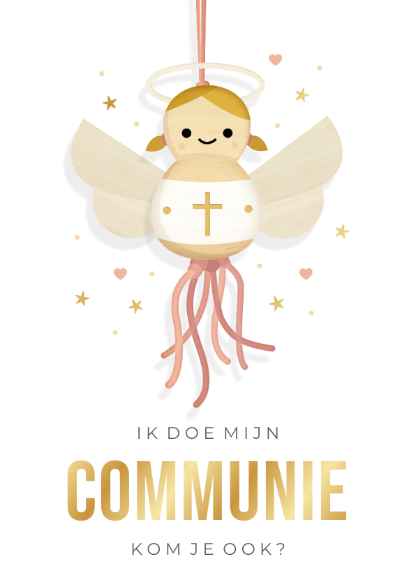 Communiekaarten - Lieve communie uitnodiging meisje - met engel gelukspoppetje