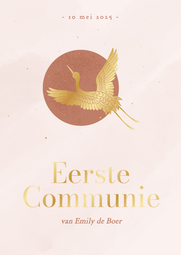 Communiekaarten - Mooie communiekaarten in roze textuur met goudfolie vogel