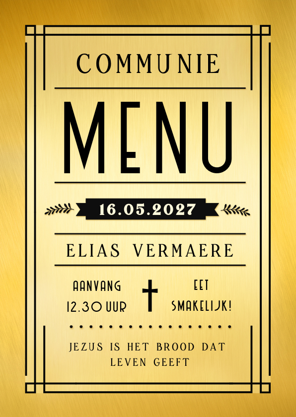 Communiekaarten - Originele communie menukaart in gouden ticket stijl