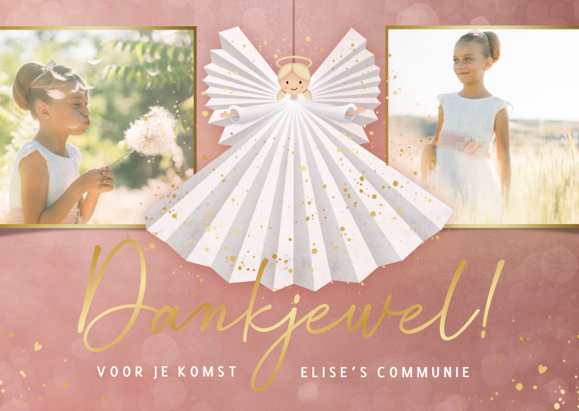 Communiekaarten - Roze bedankkaartje communie met engeltje en foto's