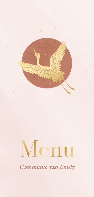 Communiekaarten - Roze textuur menukaart met gouden kraanvogel