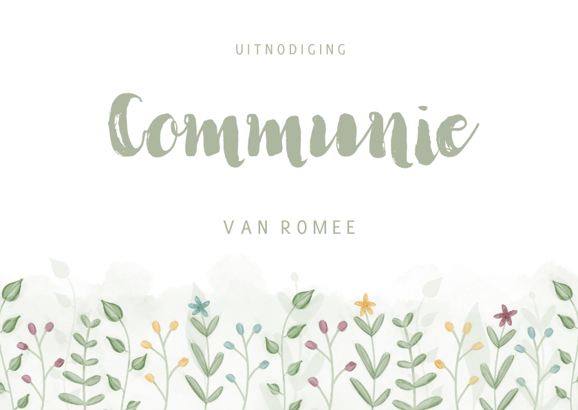 Communiekaarten - Schattige uitnodiging communie met takjes en bloemetjes