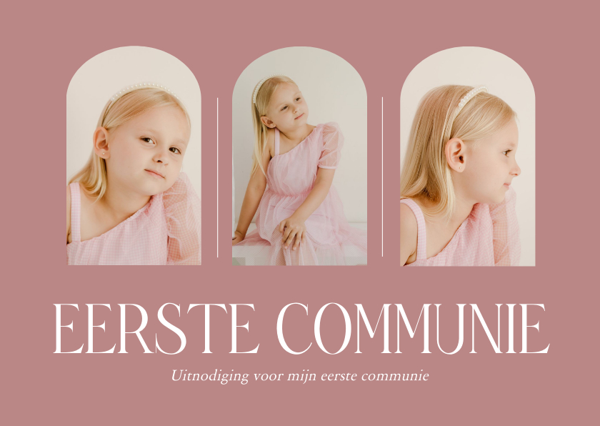 Communiekaarten - Stijlvol roze fotocollage kaartje voor communie met bogen
