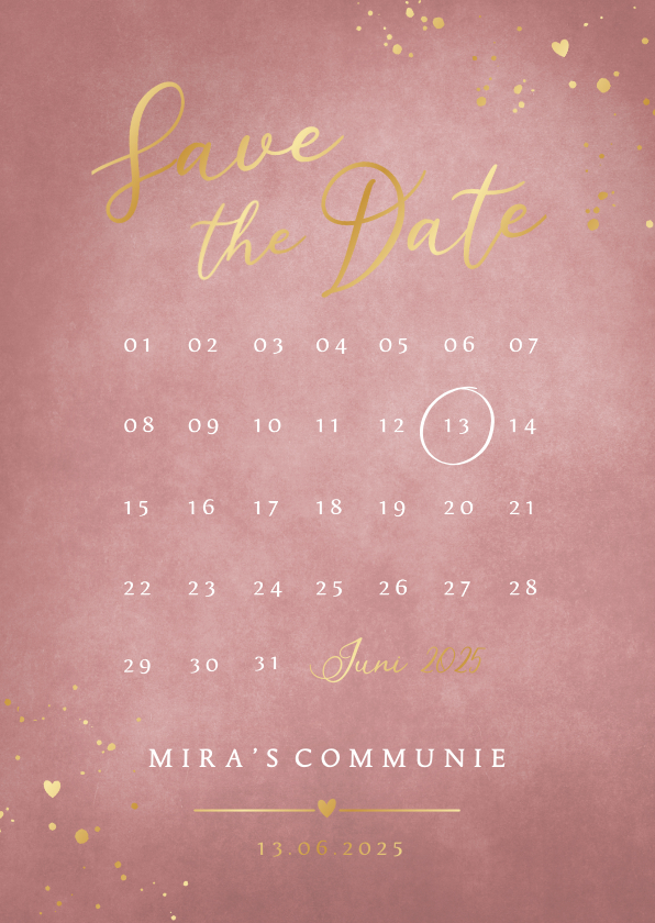 Communiekaarten - Stijlvolle oud roze Save the Date kalender communie kaart