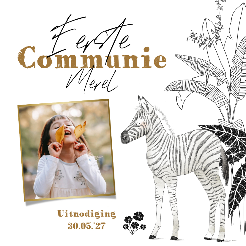 Communiekaarten - Trendy uitnodiging eerste communie zebra jungle foto