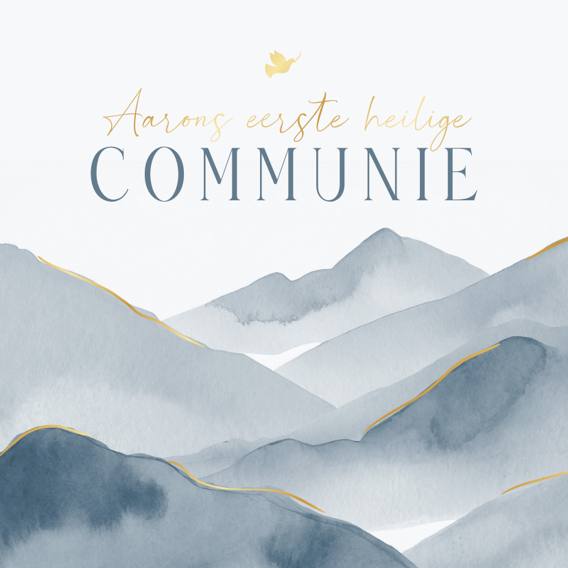 Communiekaarten - Uitnodiging communie blauw landschap/bergen duifje goud