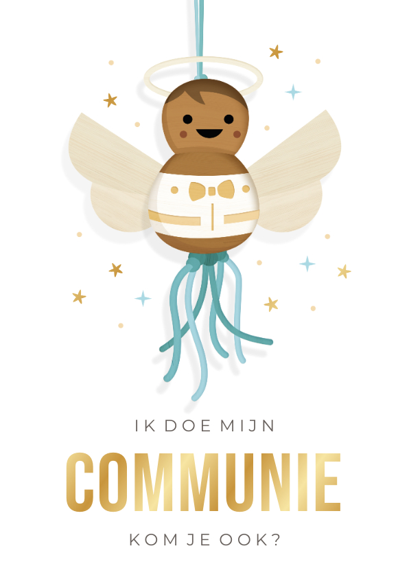 Communiekaarten - Uitnodiging communie jongen - donker engel gelukspoppetje
