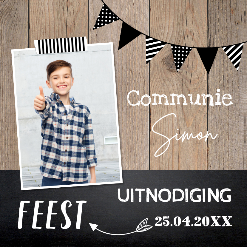 Communiekaarten - Uitnodiging communie jongen foto stoer houtprint slinger