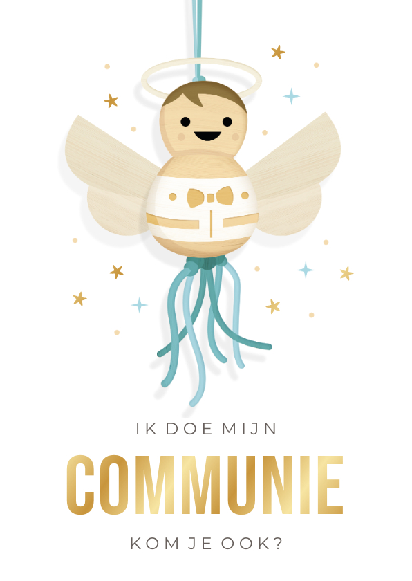Communiekaarten - Uitnodiging communie jongen - met engeltje gelukspoppetje