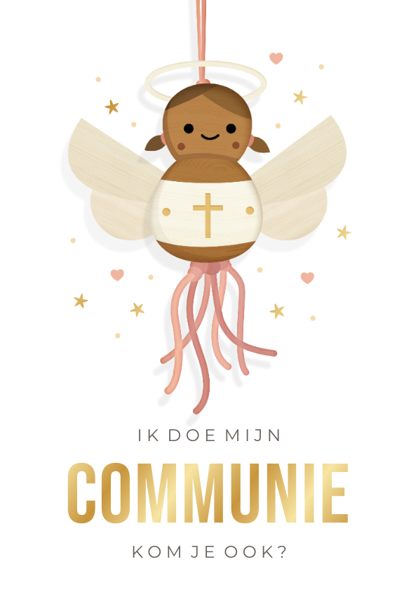 Communiekaarten - Uitnodiging communie meisje donker engel gelukspoppetje