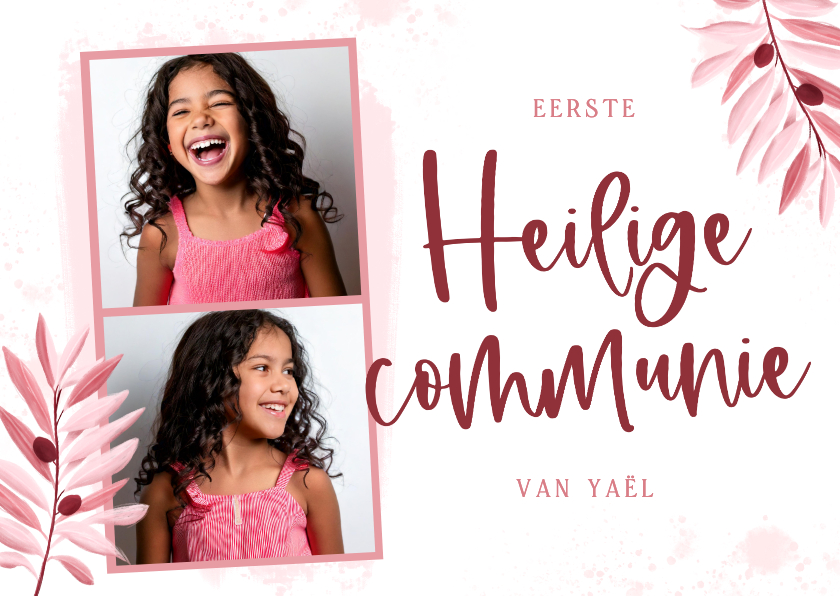 Communiekaarten - Uitnodiging communie meisje olijftakjes fotostrip roze