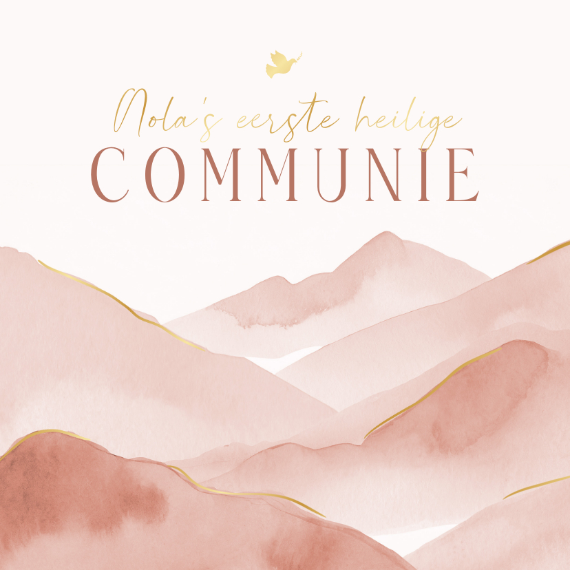 Communiekaarten - Uitnodiging communie met roze landschap en goud duifje