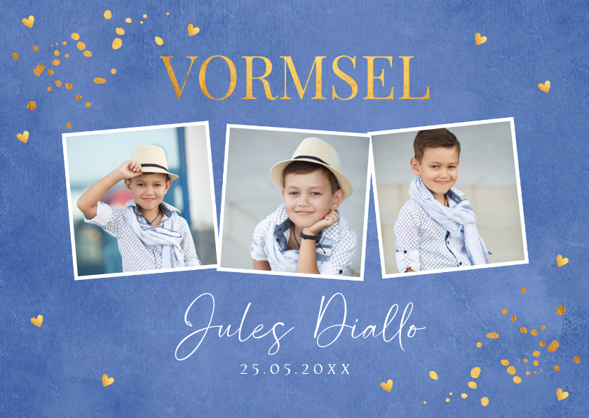 Communiekaarten - Uitnodiging vormsel jongen fotocollage blauw goudlook