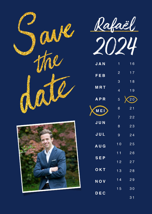 Communiekaarten - Uitnodiging vormsel jongen save the date goud kalender