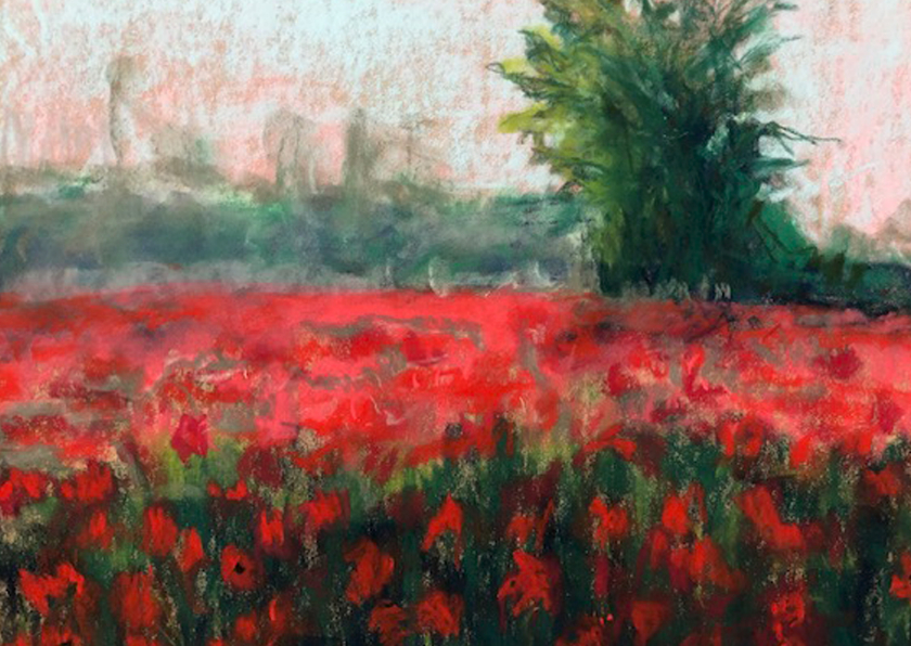 Condoleancekaarten - Condoleancekaart met gedicht landschap met rode bloemen