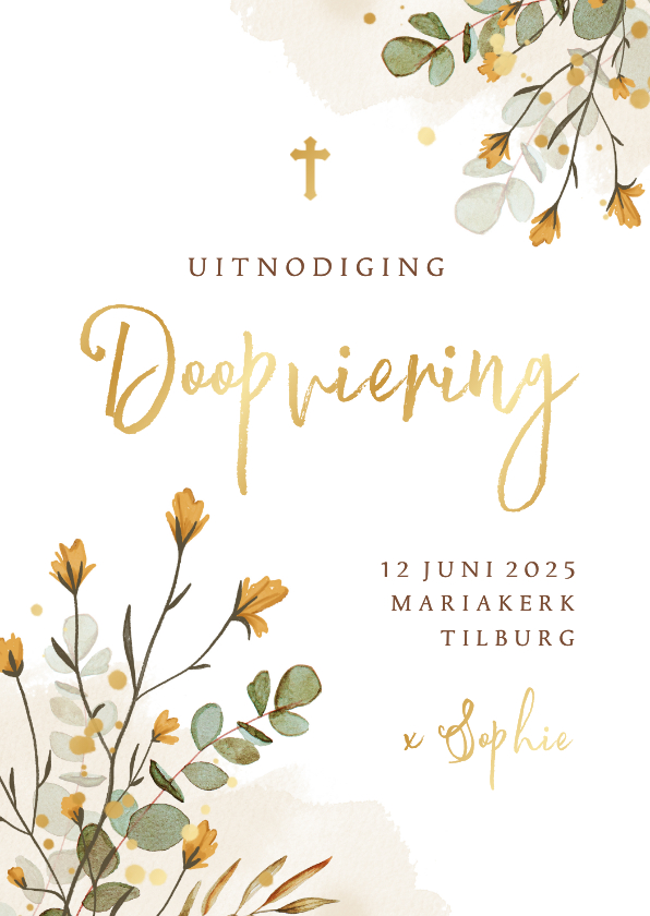 Doopkaarten - Uitnodiging doopviering waterverf bloemen takjes goud