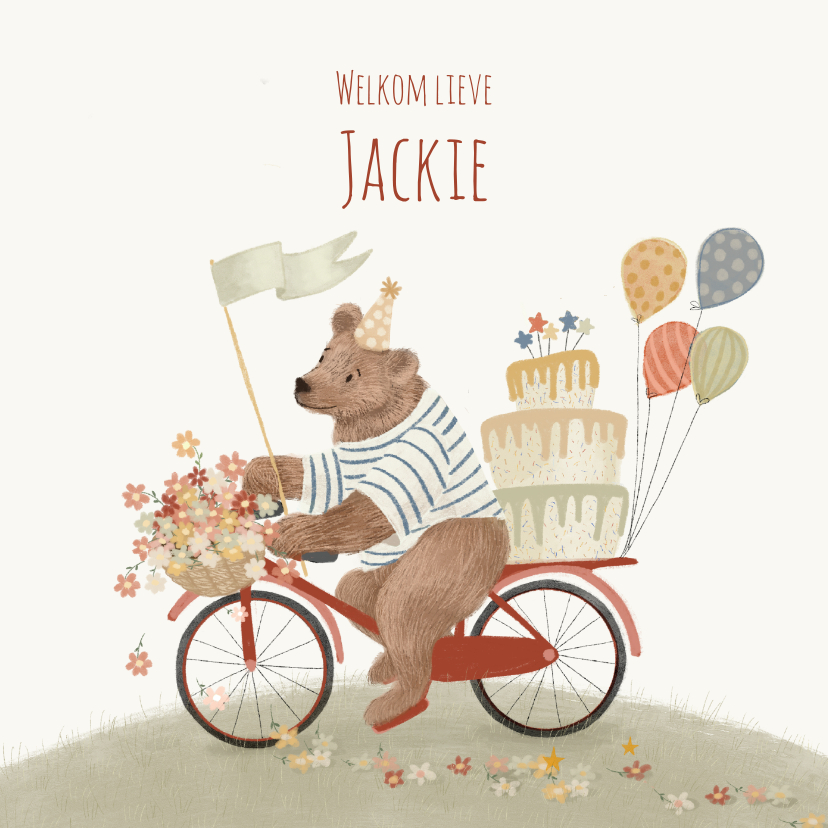 Felicitatiekaarten - Felicitatie geboorte met een beer op een fiets met taart