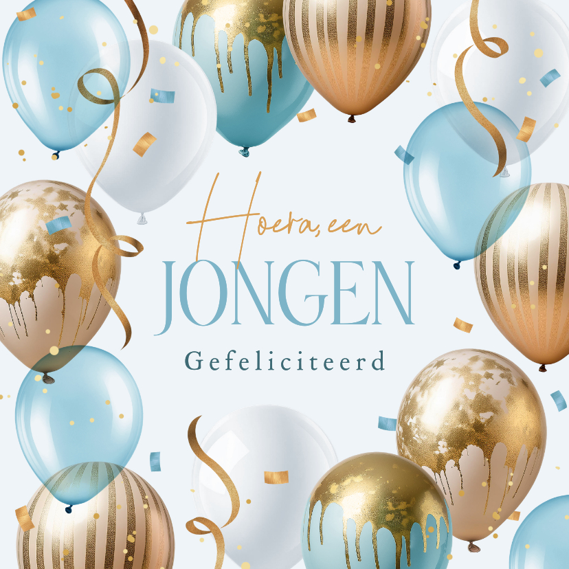 Felicitatiekaarten - Felicitatie geboorte zwanger jongen ballonnen confetti blauw