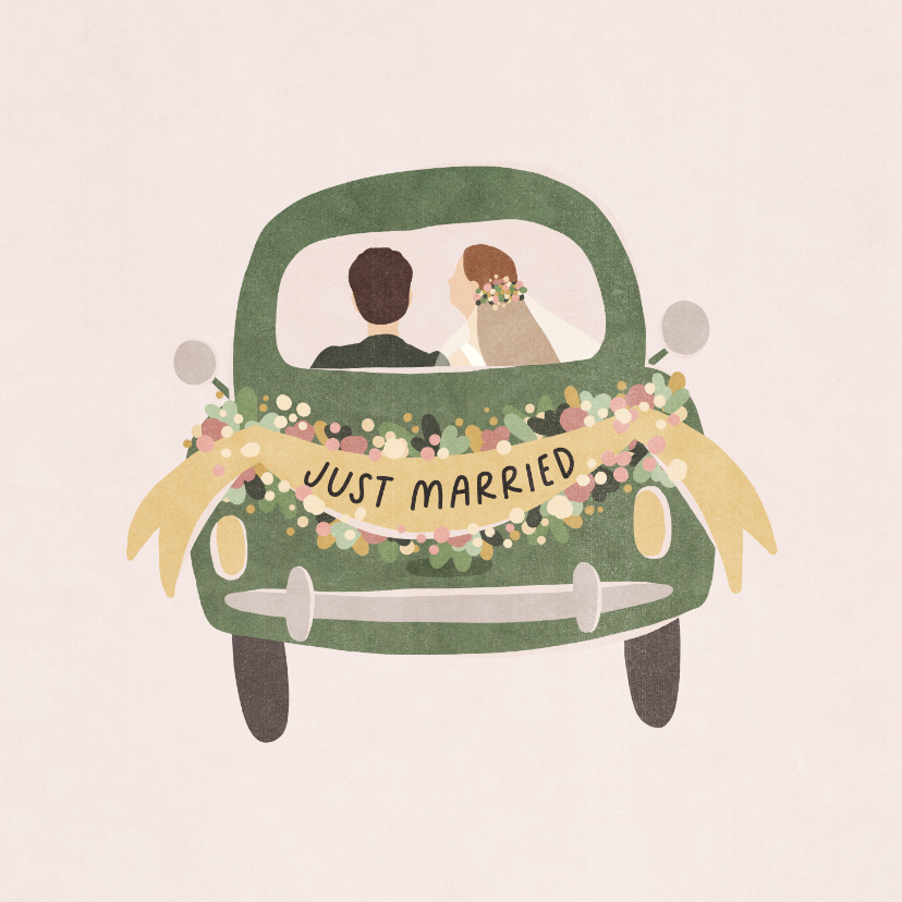 Felicitatie huwelijk versierde auto'just