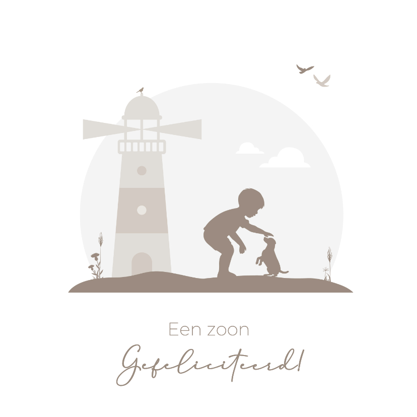 Felicitatiekaarten - Felicitatie met silhouet vuurtoren, jongetje en hondje