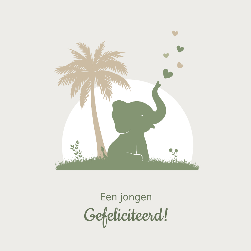 Felicitatiekaarten - Felicitatie olifantje met hartjes bij palmboom