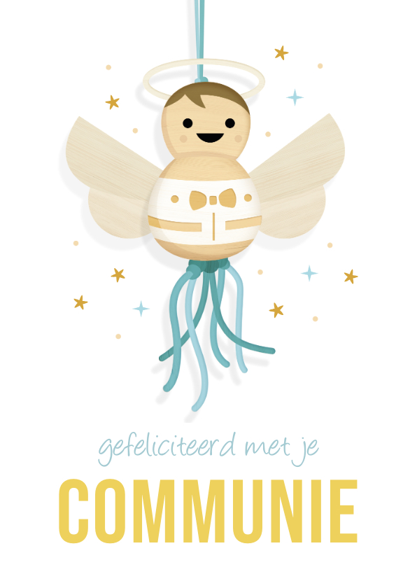 Felicitatiekaarten - Felicitatiekaart communie jongen met engel gelukspoppetje