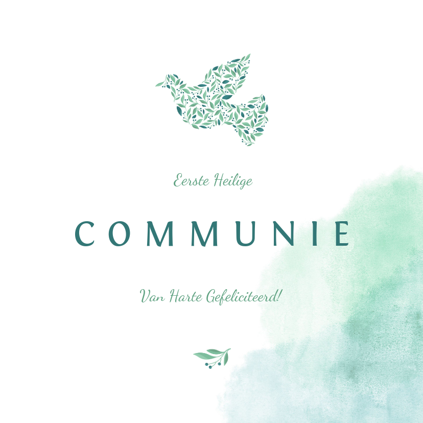Felicitatiekaarten - Felicitatiekaart communie met waterverf en duif van bloemen