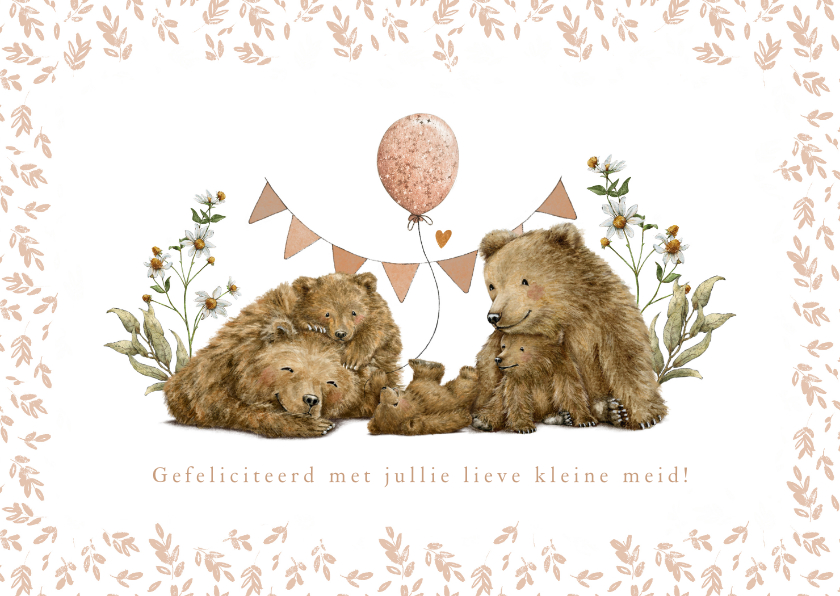 Felicitatiekaarten - Felicitatiekaart derde kindje meisje met beren familie