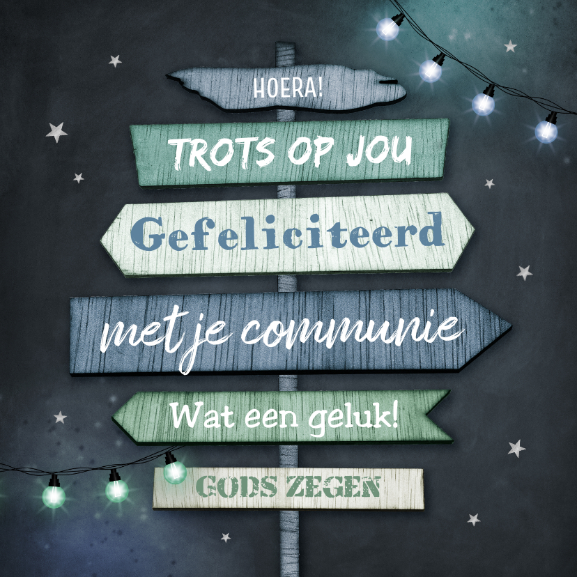 Felicitatiekaarten - Felicitatiekaart eerste communie wegwijzers stoer lampjes 