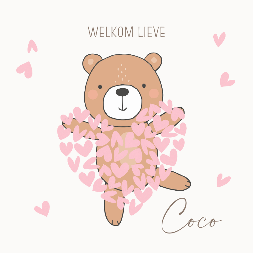 Felicitatiekaarten - Felicitatiekaart geboorte - beer meisje roze hartjes