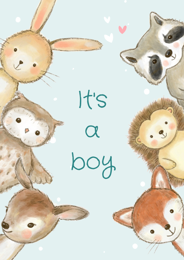 Felicitatiekaarten - Felicitatiekaart geboorte jongen bosdieren met confetti 