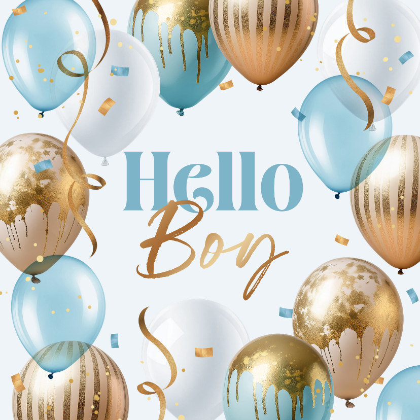 Felicitatiekaarten - Felicitatiekaart geboorte jongen boy ballonnen confetti