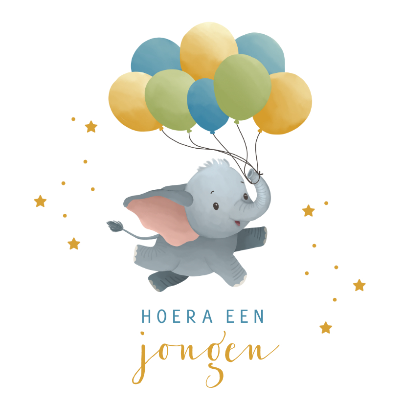 Felicitatiekaarten - Felicitatiekaart geboorte jongen met olifant met ballonnen
