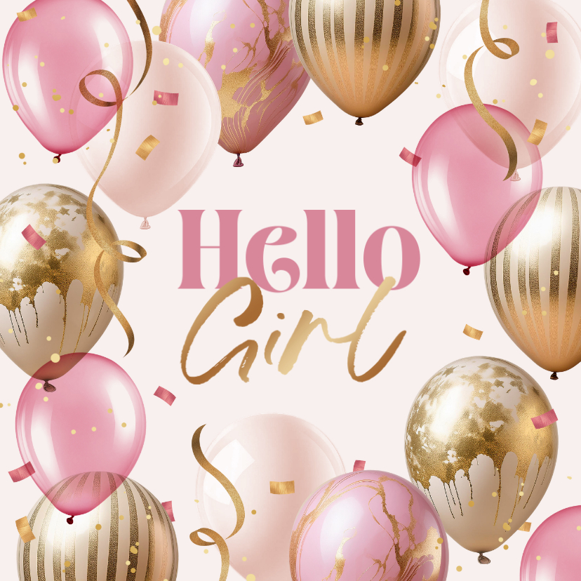 Felicitatiekaarten - Felicitatiekaart geboorte meisje girl ballonnen confetti